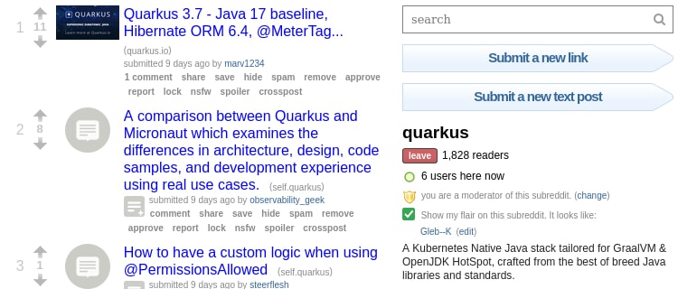 Screenshot of Quarkus subreddit page. Screenshot of Quarkus subreddit page.